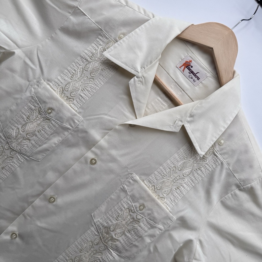 Vtg Cream GUAYABERA Mexican Wedding Shirt Embroidered Cuban Camp Men's Large 16